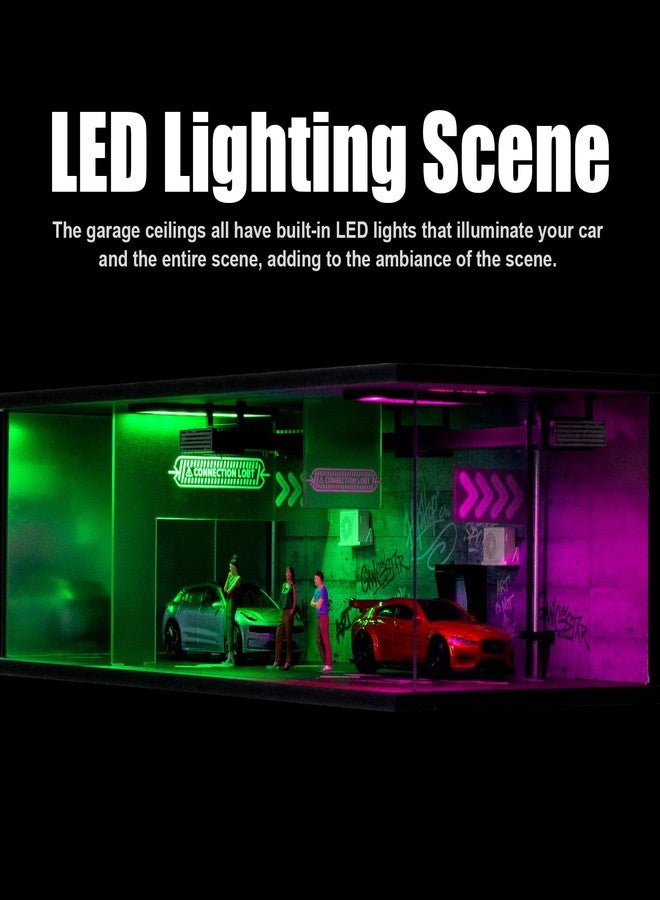 صندوق عرض سيارات بمقياس 1/64 بتصميم سايبربانك، مزود بإضاءة LED وغطاء أكريليك، مع مكانين لركن السيارات وإضاءة بنفسجية وخضراء. - Image 4